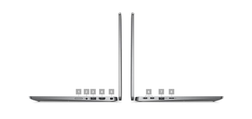 Kuva kahdesta kannettavasta Dell Latitude 13 2-in-1 5330 -tietokoneesta sivuttain, numerot 1–8 osoittavat tuotteen portit.